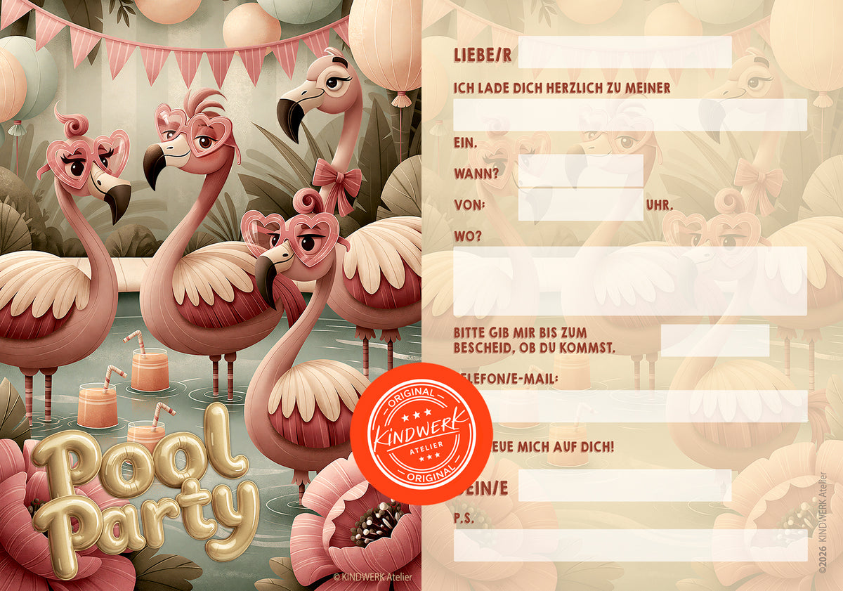 POOL PARTY FLAMINGOS – Einladungskarten für den Kindergeburtstag (10er Set)