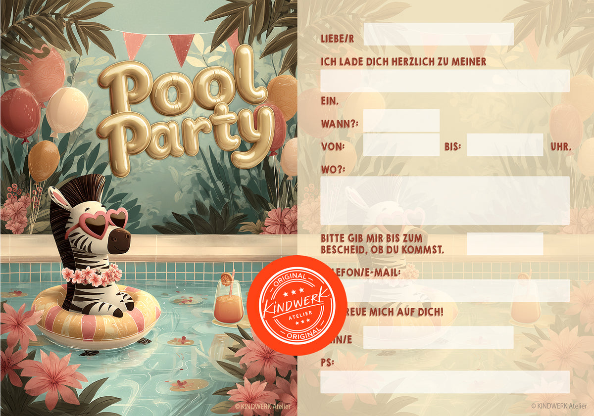 Pool Party Zebra – Einladungskarten für den Kindergeburtstag (10er Set)