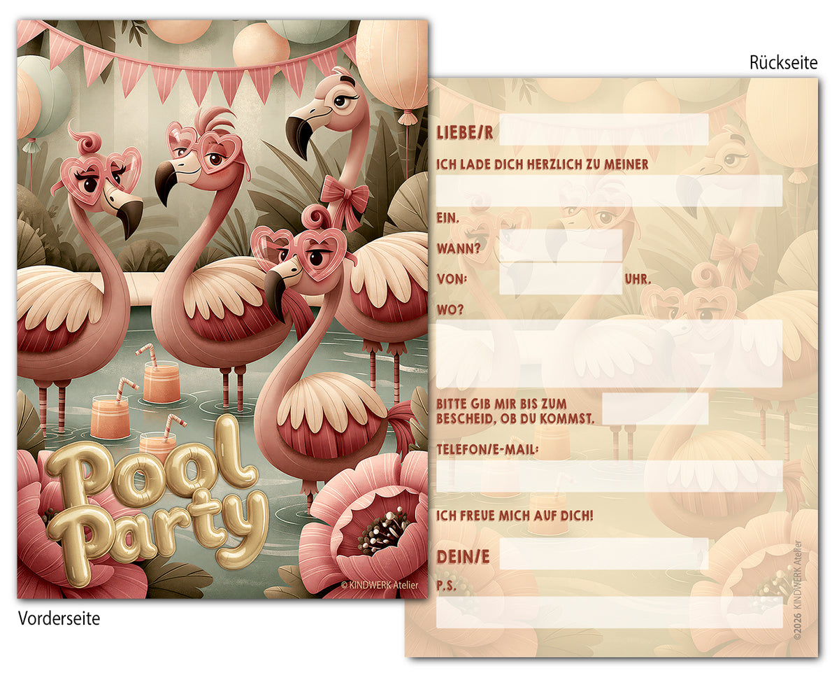 POOL PARTY FLAMINGOS – Einladungskarten für den Kindergeburtstag (10er Set)