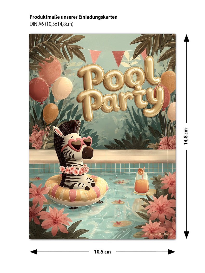 Pool Party Zebra – Einladungskarten für den Kindergeburtstag (10er Set)