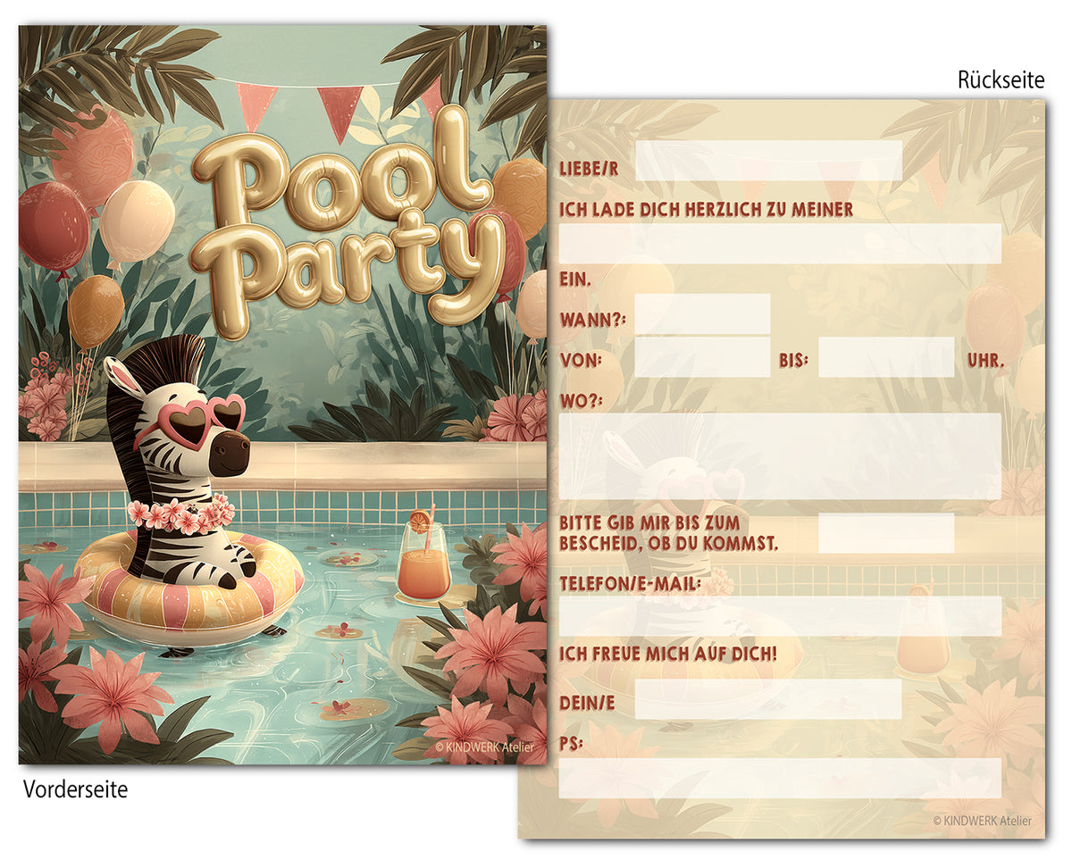 Pool Party Zebra – Einladungskarten für den Kindergeburtstag (10er Set)